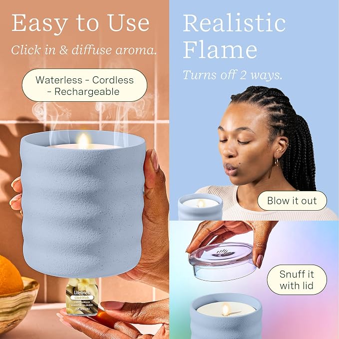 Lifelines Flameless Candle Aromatherapy Essential Oil Diffuser with 2 ClickWick Essential Oil Blends - Cordless & Waterless Diffuser for Home - Scented Electric Candles Blow Out Flame - Periwinkle