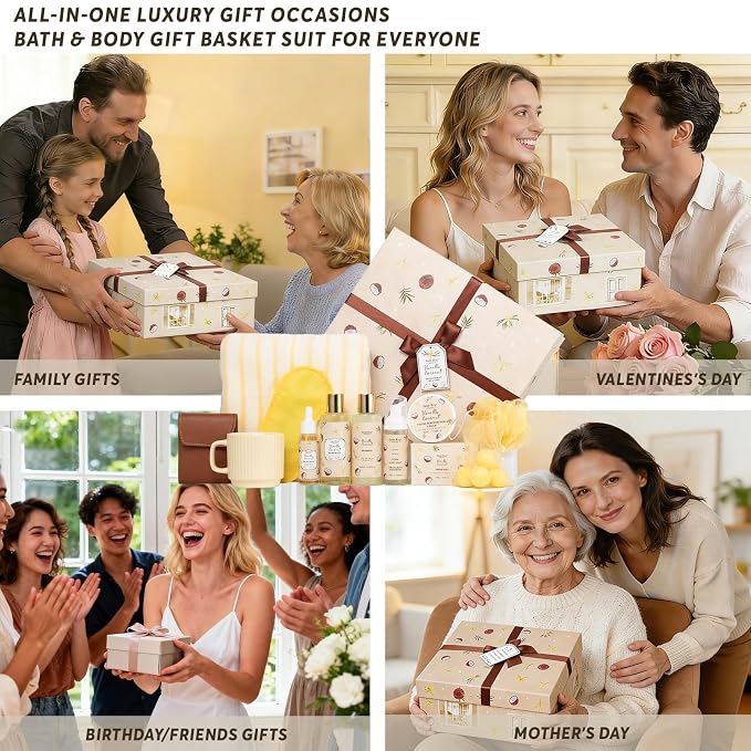 33Pcs Coconut Vanilla Spa Bath Gift Basket for Women & Men, Skin Care Set | Large Bath & Body Set, Self Care Pamper Kit, BODY WASH GIFT, Birthday, Christmas, Valentines, Mother Day, Anniversary