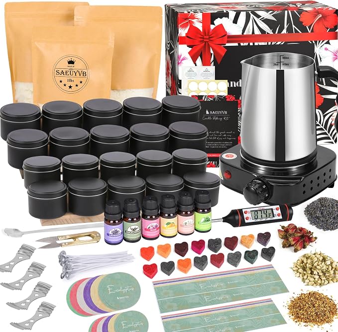 SAEUYVB Candle Making Kit, Candle Making Kit for Adults - DIY Starter Soy Candle Making Supplies-Including Soy Wax,Electric Stove,Melting Pot,Candle Wicks,Rich Scents,Stickers,Etc
