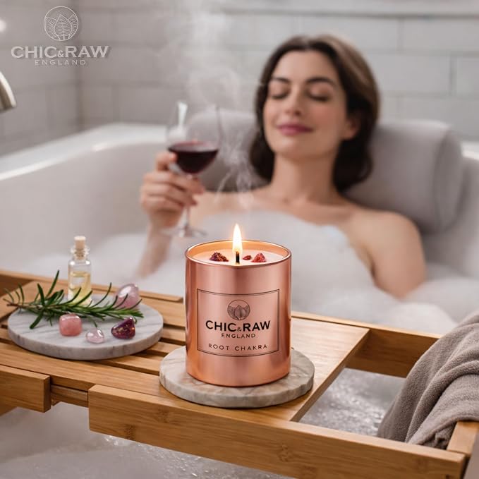 Aromatherapy Candle with Crystal Ruby Root Chakra, Scented Candle in Rose Gold, Luxury Long-Lasting Burn Natural Soy Candle for Home Scented, Unique Healing Gifts for Women,7.05oz