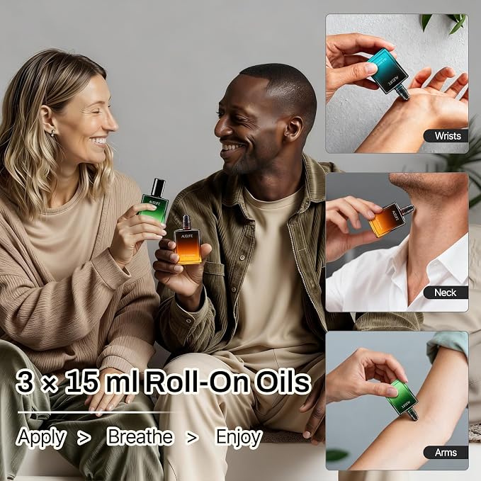 3 x 15ml Essential Oil Roll-On Set, Self Care Relaxing Aromatherapy Gifts for Men, Portable Travel Essential Oils Roller Set for Father's Day & Birthday Gift, Roll Oil for Skin(Relax, Calm, Refresh)