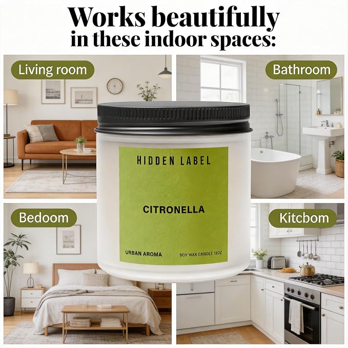 Hidden Label Citronella Candles Outdoor, 12oz 2-Wick, 50H Citrus Fresh | Non-Toxic Vegan Soy Wax | Citrus & Citronella Fresh Outdoor Scent | Even Melt No Tunneling | Patio Deck BBQ Indoor