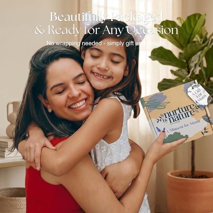 Nurture by Nature New Mom Self Care Gift Set with Body Scrub, Lavender Pillow Spray, Sleep Mask, Body Butter, Shower Gel & Bath Salts - Vegan Friendly - Stocking Stuffer, Baby Shower Gift Basket
