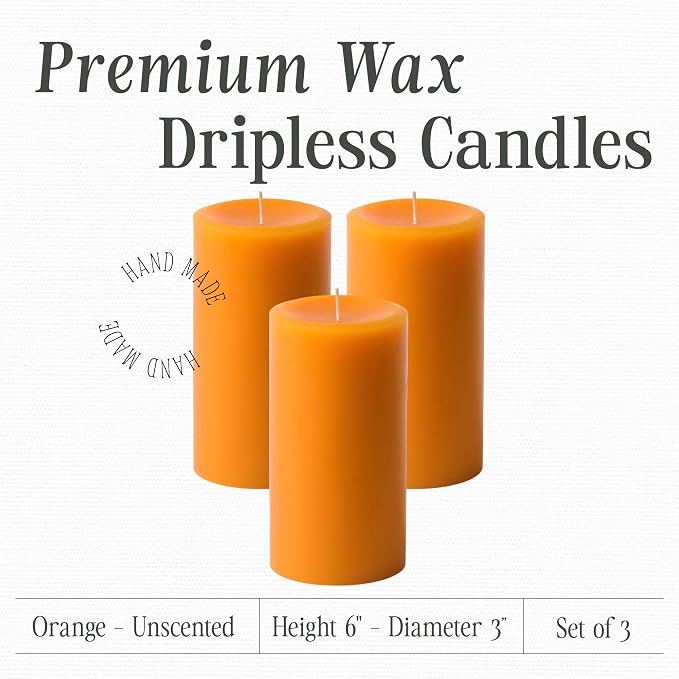 Mister Candle Dripless Unscented Pillar Candles, Set of 3 Hand Poured Orange Pillar Candles, Solid Color Non-Scented Candles for Home Decor, Premium Wax, 80 Hr Burn Time, 3x6 Inch