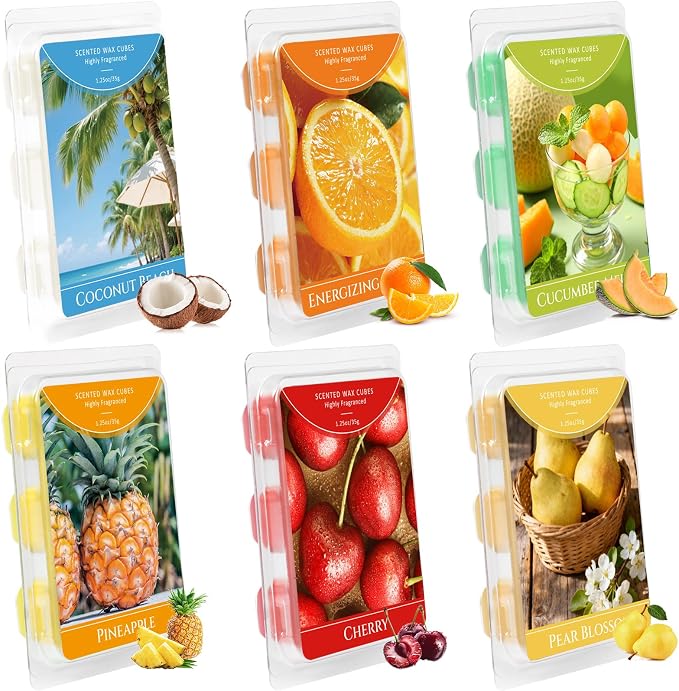 STRN Wax Melts, Soy Wax Cubes 6 Scents Cucumber Melon, Coconut Beach, Pear Blossom, Energizing Citrus, Summer Scented Long-Lasting Home Fragrance for Wax Warmers, Yoga, 1.25 OZ * 6 Packs