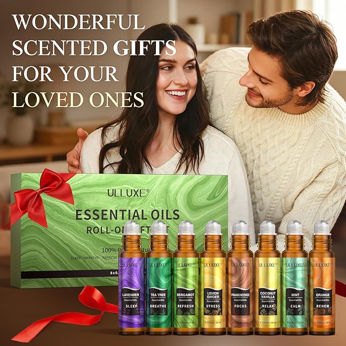Essential Oils Roll On Set (Pack of 8) 8 Scent, Relaxing, Self Care Gifts for Women, Essential Oil Roller Set, Natural Aromatherapy Roll Oil Blends for Skin, Birthday Gifts for Wife, Mom & Girlfriend
