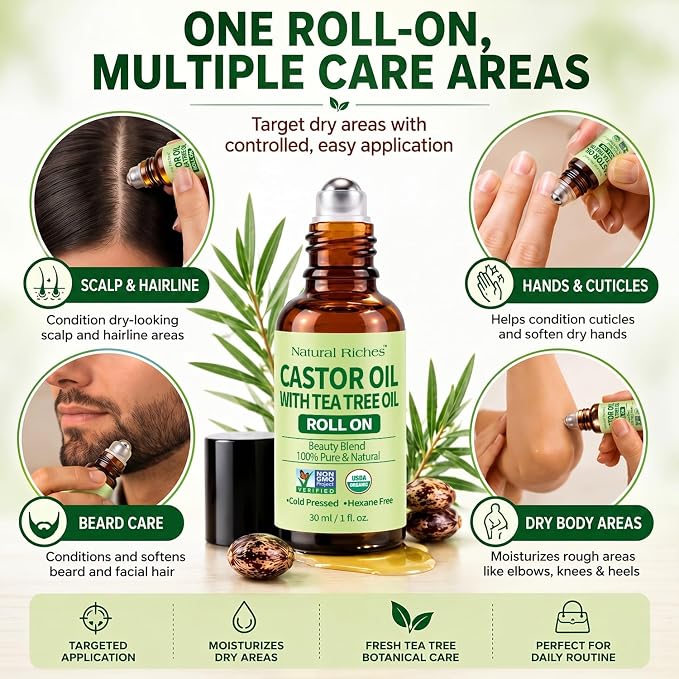 Natural Riches Castor Oil with Tea Tree Oil – Glass Roll-On Bottle for Hair Growth, Eyelashes & Eyebrows – Cold Pressed, 100% Pure, Scalp Care for Dry, Itchy Scalp – Travel Size Roller 1 fl oz.