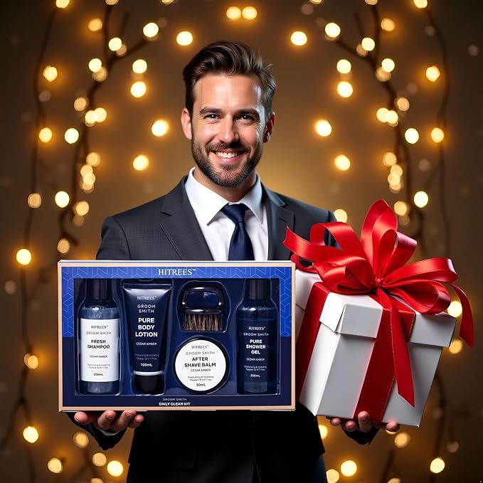 Fathers Day Gifts for Men Dad Care Package Self Care Kit, 5 Pcs Cedarwood & Amber Fragrance Spa Gifts for Man, Fathers Day Gifts, Travel Kit For Men,Mens Travel,Christmas Gift for Women