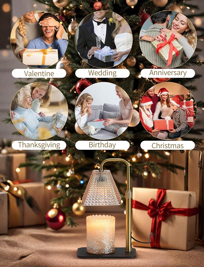 Candle Warmer Lamp with Timer & Dimmer, 2 Bulbs, Height Adjustable, Fit All Size Jar Scented Candles, Safe Aromatherapy Light for Sleep, Work, Yoga, Bedroom, Office, Gift (Champagne Pyramid)