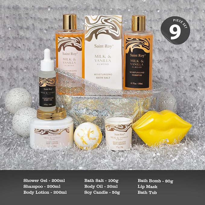 Spa Gift Basket, beauty bath kit Mother Day Gifts for Women, Bath and Body Almond Milk Vanilla Spa Gifts for Women, Bath Gift Set Christmas, Scent Lotion, Lip Mask, Birthday Holiday Bridal Shower