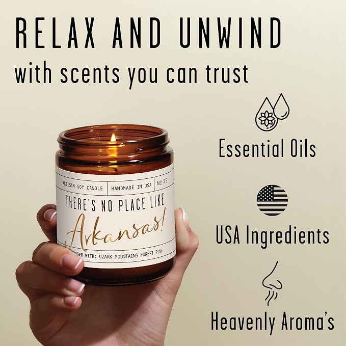 Arkansas Gifts, Arkansas Decor for Home - 'There's No Place Like Arkansas Candle, w/Ozark Moutain Pine & Cedar I Arkansas Souvenirs I Arkansas State Gifts I 9oz Jar, 50Hr Burn, USA Made