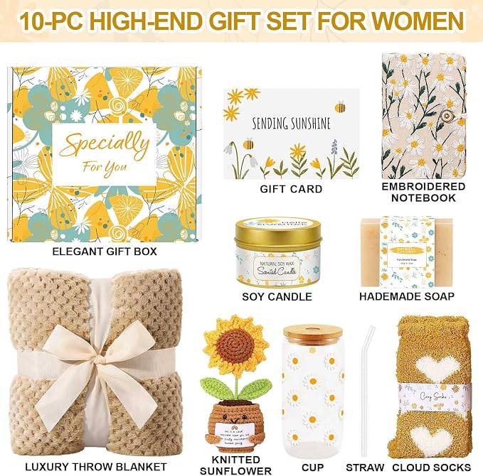 Wasocol Self Care Gifts for Women Gift Baskets，Sending Sunshine Thinking of You Care Package Spa Gift Sets, Unique Happy Birthday Gifts for Women Mom Sister Wife Grandma Best Friends Her - Khaki