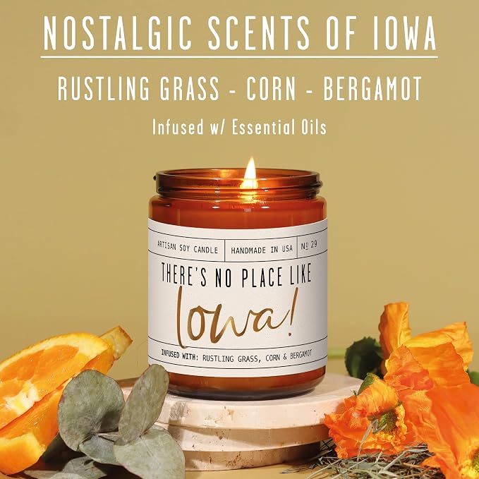 Iowa Gifts, Iowa Decor for Home - 'There's No Place Like Iowa Candle, w/Rustling Grass, Eucalyptus, Corn & Bergamot I Iowa Souvenirs I Iowa State Gifts I 9oz Jar, 50Hr Burn, USA Made