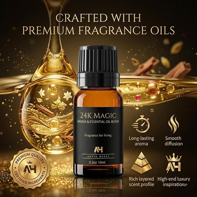 Hotel Diffuser Oil 24k Magic Essential Oil - Hotel Scent Diffuser Refill - Citrus, Lemongrass, Jasmine - Hotel Oils for Diffusers for Home - Luxury Scent Oil with Glass Bottle & Dropper 10ml