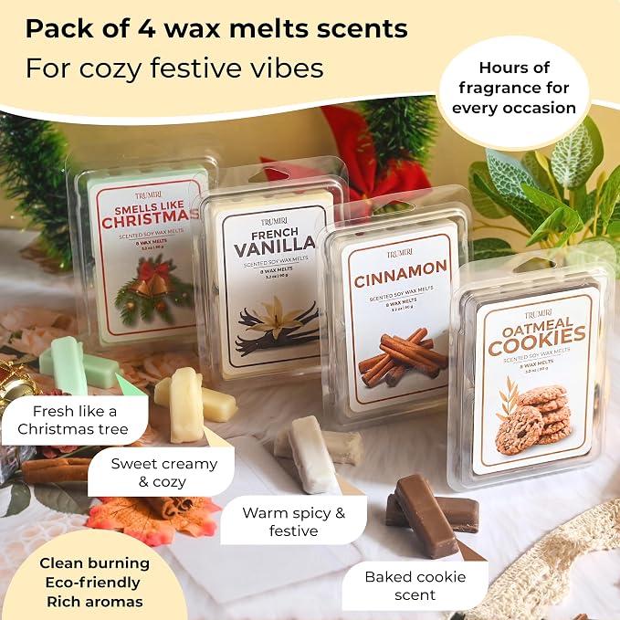 Scented Wax Melts Variety Pack Oatmeal Cookies|Smells Like Christmas|Cinnamon|French Vanilla - Made With Non Toxic Soy Wax And Essential Oils - Long Lasting Scent Pet Safe Candle Wax Cubes For Warmers