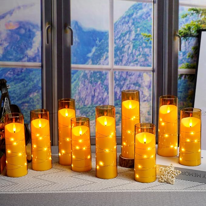 Eebuss Flameless Candles with Embedded Star String, Battery Operated LED Pillar Candles with Timer and Remote Control,Home Decorating for Ambiance， Set of 9 (Gold)
