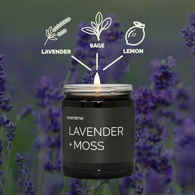Premium Soy Wax Candle | Highly Scented Black Glass Jar Candles | Long Lasting, Clean Burn | 8 oz | Gifts for Man and Woman | Made in USA (Lavender + Moss)