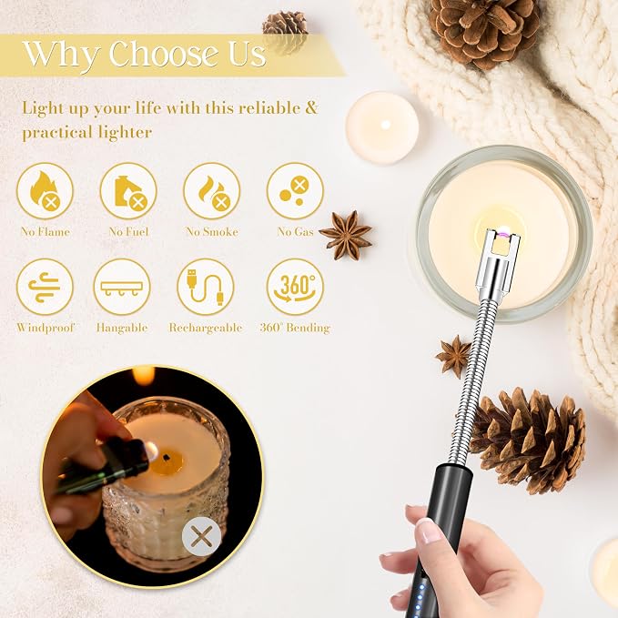 Electric Lighter, Candle Lighter Flameless Windproof with 360° Flexible Neck & LED Power Display, Type C Arc Rechargeable Lighters for BBQ, Camping, Cooking, Gift for Christmas, Thanksgiving, Birthday