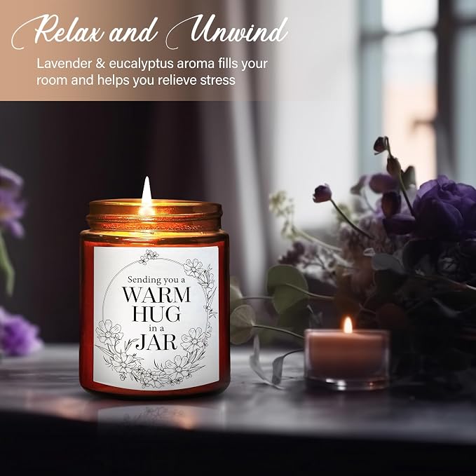 Sending Hug Gifts for Women Men - Warm Hug Candle - Relaxation Get Well Sympathy Gift Anxiety Stress Relief - Gift for Her Bestie Best Friend Coworker - Lavender Eucalyptus Soy Calming Candle