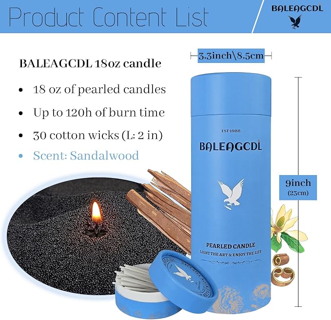 Black Pearled Candle – 18 oz/1.1 lb Sandalwood Scented Sand Candles with 30 Wicks | Refillable Wax Long-Lasting Powder 120 Hours Clean Burning for DIY Gifts
