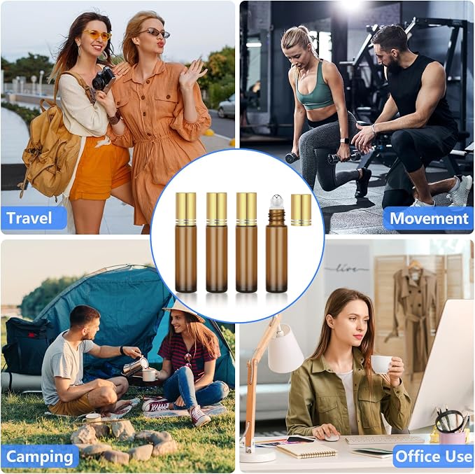 DTDNZKN 4 Pack of 0.34 Oz (10ml) Essential Oil Roller Bottles - Refillable, Leak-proof Amber Glass Roll-on Bottles with Stainless Steel Roller Balls, Metal Caps, and Labels Included