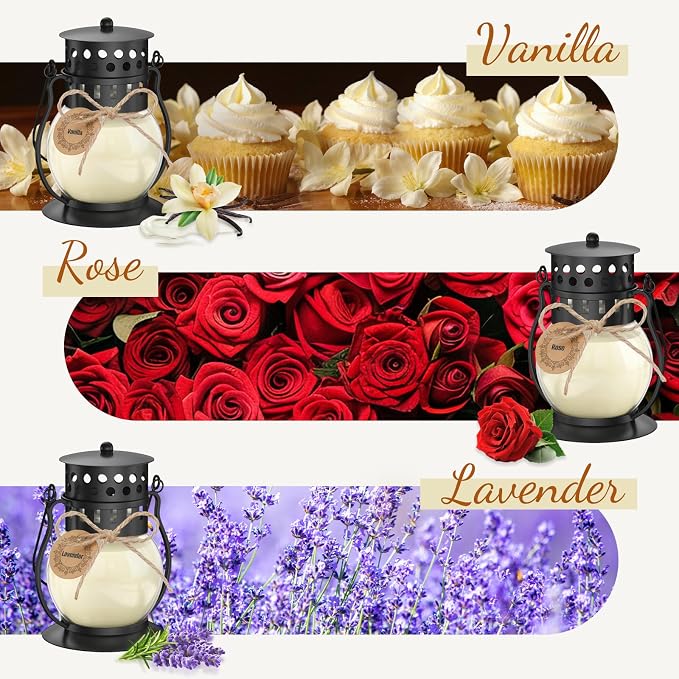 Scented Candles Gift Set - 3 Pack Candles for Home Scented Retro Lantern, Fall Candle Set Perfect for Women, Birthday, Yoga, Weddings, Christmas - Soy Wax Candle Vanilla, Rose, Lavender