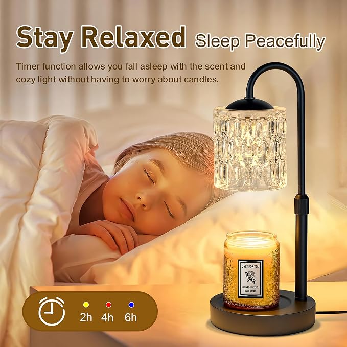 Briever Dimmable Candle Warmer Lamp with Timer, Height Adjustable Electric Candle Wax Warmer, Christmas Birthday Gifts for Women Mom, House Warming Gifts New Home Decor, Black Base with Glass Shade