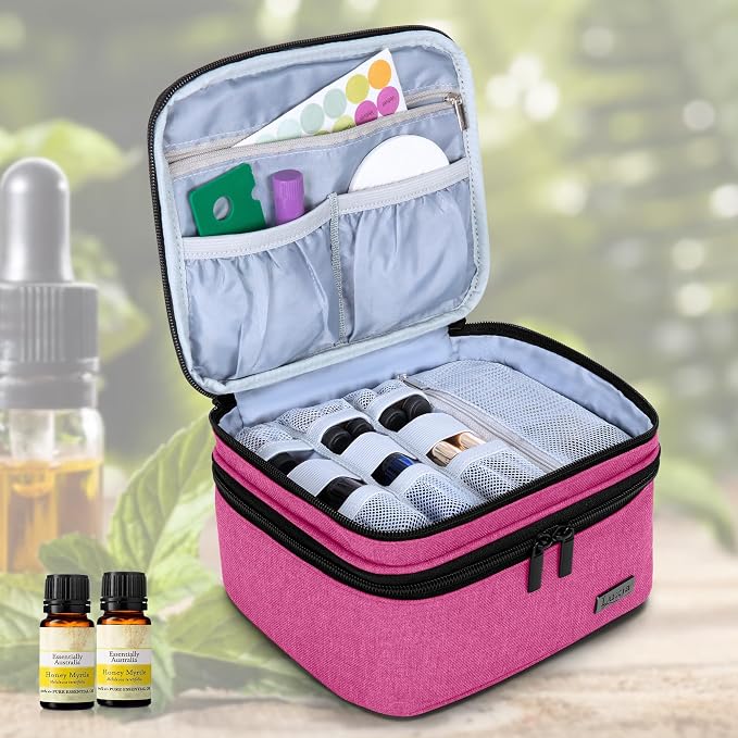 LUXJA Essential Oil Carrying Case - Holds 30 Bottles (5ml-30ml, Also Fits for Roller Bottles), Double-Layer Organizer for Essential Oil and Accessories, Pink (Bag Only)