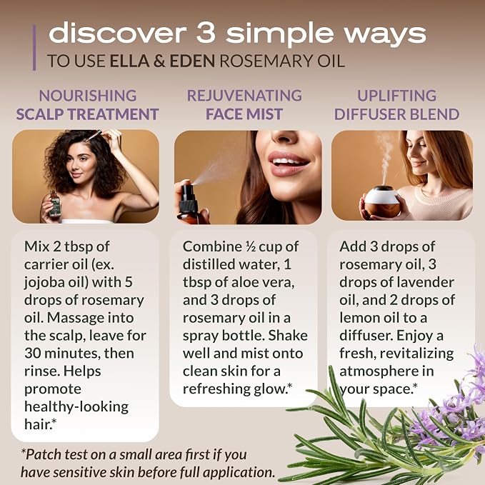 Ella & Eden Organic Rosemary Essential Oil - BIG 4 Fl Oz bottle, 100% Pure, Steam-Distilled, Hexane-Free - for Hair Growth, Skin, Aromatherapy - Glass Bottle
