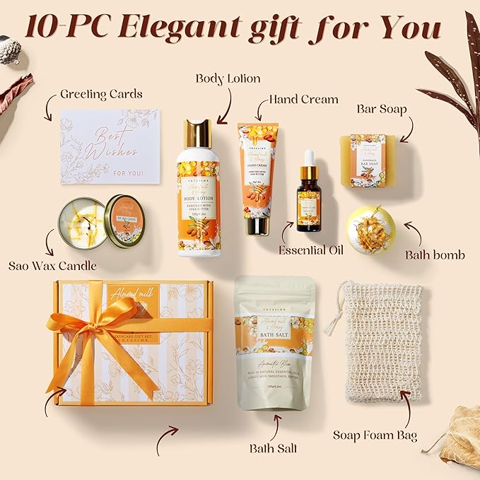 Birthday Gifts for Women, Almond Milk & Honey Relaxing Spa Gift Baskets for Women, Self Care Gifts Home Bath and Body Gifts Set for Mom, Girlfriend, Sister, Female Friends, Coworker