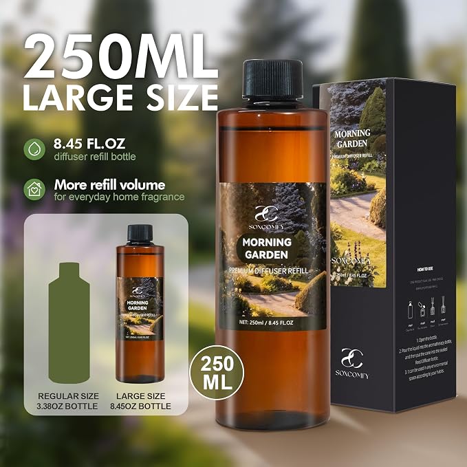 Diffuser Oil Refill, 250ml / 8.45 fl oz, Morning Garden - Reed Diffuser Oil Refill for Home Fragrance, Scented Oil for Reed Diffuser Bottles, Citrus, Jasmine & Fir Notes