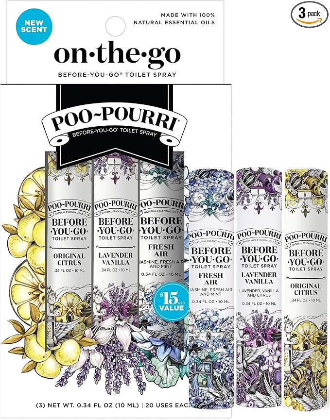 Poo-Pourri Before-You-Go Toilet Spray, Travel Essentials, .34 Fl Oz, In A Pinch Variety 3 Pack, Each Up to 20 Uses, On-The-Go Bathroom Odor Deodorizer with Essential Oils, TSA Approved Size, 3 Scents