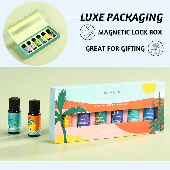 Folkulture Essential Oils Set for Diffuser | Set of 6 Everyday Aromatherapy Oils | Palo Santo, Lavender, Sandalwood, Citrus & Balanced Blend Oils | AM to PM Home Fragrance Oils & Wellness Gift Set
