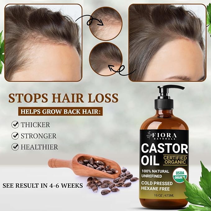 Fiora Naturals Organic Castor Oil in Glass Bottle – 16 Oz Cold Pressed & Hexane-Free – USDA Certified – Skin Moisturizer, Hair Growth Oil For Lashes, Brows, Skin & Scalp – with Pump