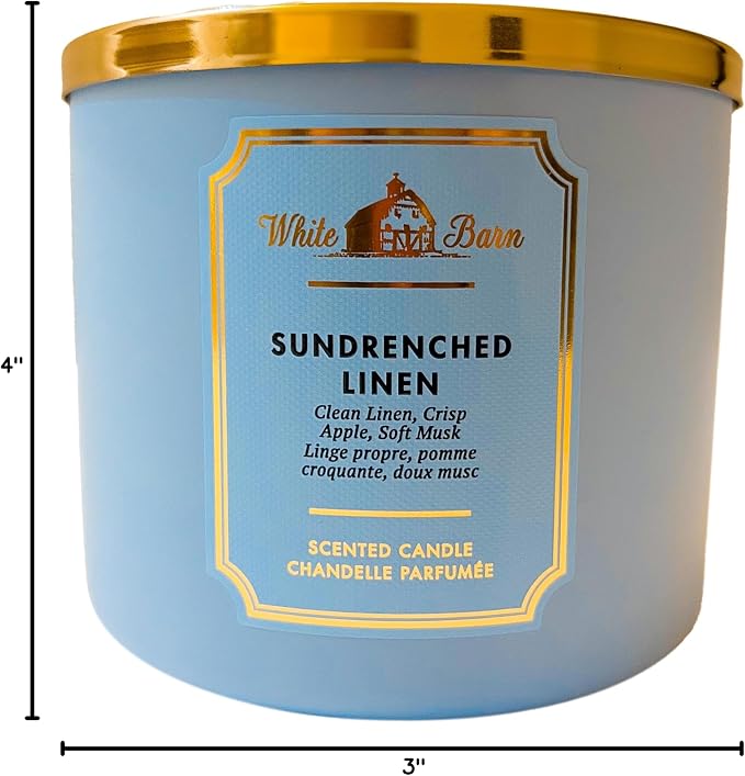Bath & Body Works Sun-Drenched Linen 3-Wick Candle - Scented Candle for At-Home Use - Long-Lasting, Room-Filling Fragrance - High Fragrance Oil Concentration - Soy Wax Blend
