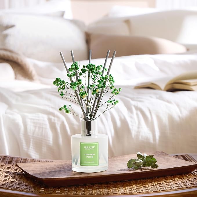 Airkeep Reed Diffuser Set,3.38 fl oz (100 ml) - Cucumber Melon Oil Diffusers with 8 Reed Sticks, Home Fragrance Reed Diffuser for Bathroom Shelf Decor