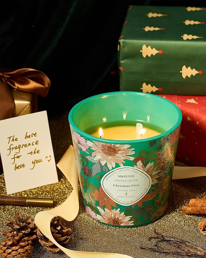 M&SENSE Christmas Pine Scented Candle, 28.2oz 3 Wick Natural Soy Wax Large Candles, Long Lasting Clean Slow Burning No Toxic Décor for Women Men, Romantic Dates & Gift-Giving