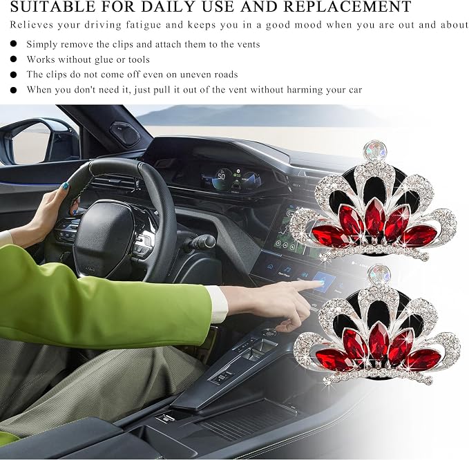 Yourkar 2 PCS Bling Car Air Vent Clips, Crystal Rhinestone Crown Vent Decorative Air Freshener Clips, Sparkly Diamond A/C Outlet Aroma Diffuser Clip for Vehicles, Car Accessories (Red)