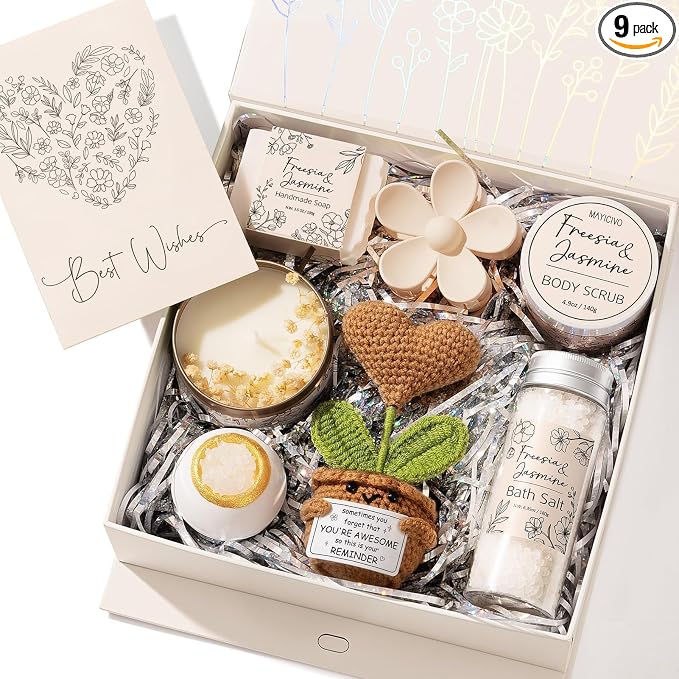 Spa Gifts for Women Bath Gift Set, Freesia & Jasmine Spa Gift Basket Home Bath Set Self Care Kit Care Package Thank You Birthday Mothers Day Easter Gifts for Women Her Mom Friend Sister Teen Girl Wife