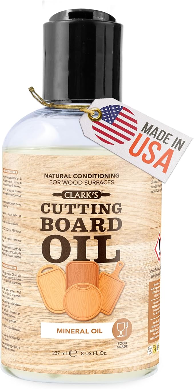 CLARK'S Mineral Oil - 8 oz Food Grade Conditioner for Wood Cutting Board, Cutting Board Oil for Butcher Block, Marble & Soapstone, Lubricant for Knife, Meat Grinder - Made in USA
