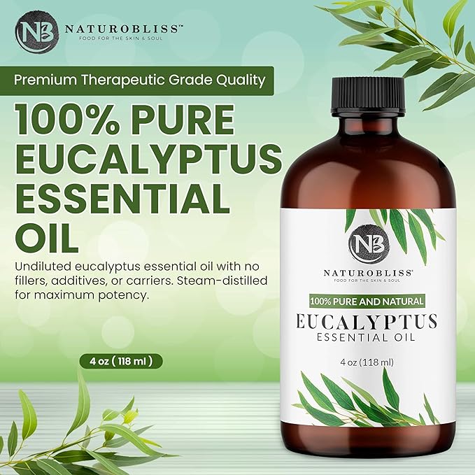 NaturoBliss Essential Oil with Glass Dropper - 100% Pure and Natural - Essential Oils for Diffuser, Aromatherapy, Soap and Candle Making, Eucalyptus Essential Oil, Eucalyptus Oil, 4 Fl Oz