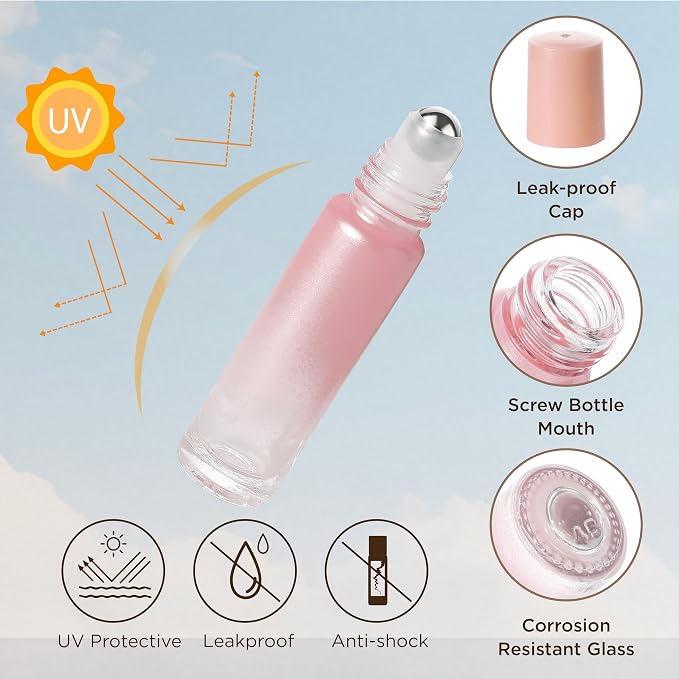 SESENSE Essential Oil Roller Bottles, 10ml Thick Glass Perfume Roller Bottles with Funnel Opener and Dropper Colored Glass Empty Bottles with Stainless Steel Roller Balls (Pink, 4 Pack)