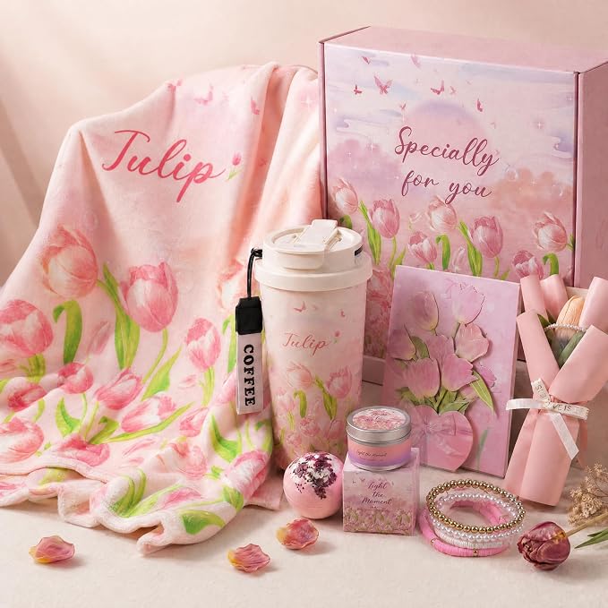 Mothers Day Gifts for Women, Tulip Gift Basket for Mom Self Care Spa Gift Set Get Well Soon Care Package Recovery Birthday Teacher Appreciation Gifts Thinking of You for Wife Girlfriend Sister