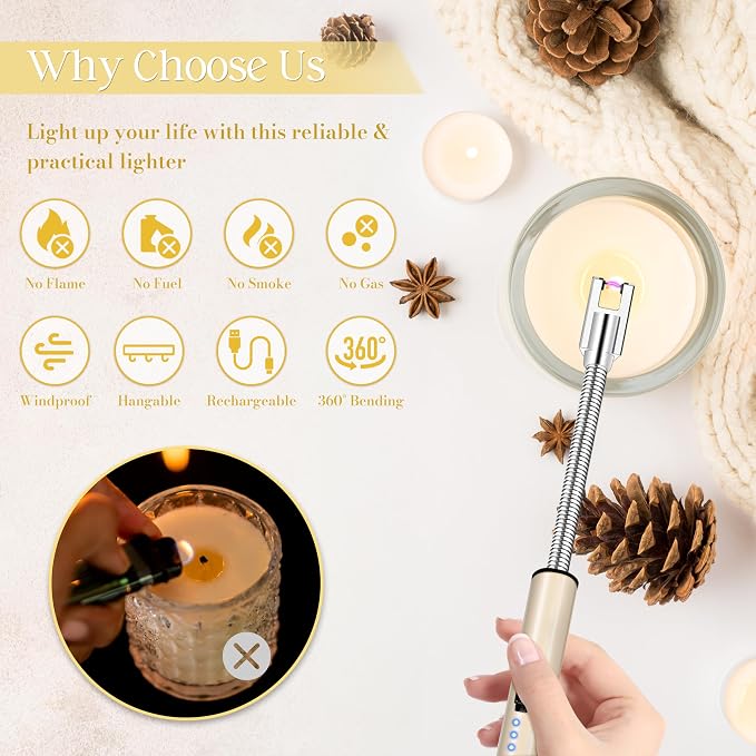 Electric Lighter, Candle Lighter Flameless Windproof with 360° Flexible Neck & LED Power Display, Type C Arc Rechargeable Lighters for BBQ, Camping, Cooking, Gift for Christmas, Thanksgiving, Birthday