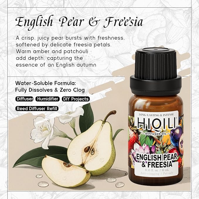 HIQILI English Pear &Freesia Diffuser Oil, Long-Lasting Refill for Humidifiers & Reed Diffusers, Hotel-Grade Scent, Suitable for Home Use - 0.34 Fl Oz