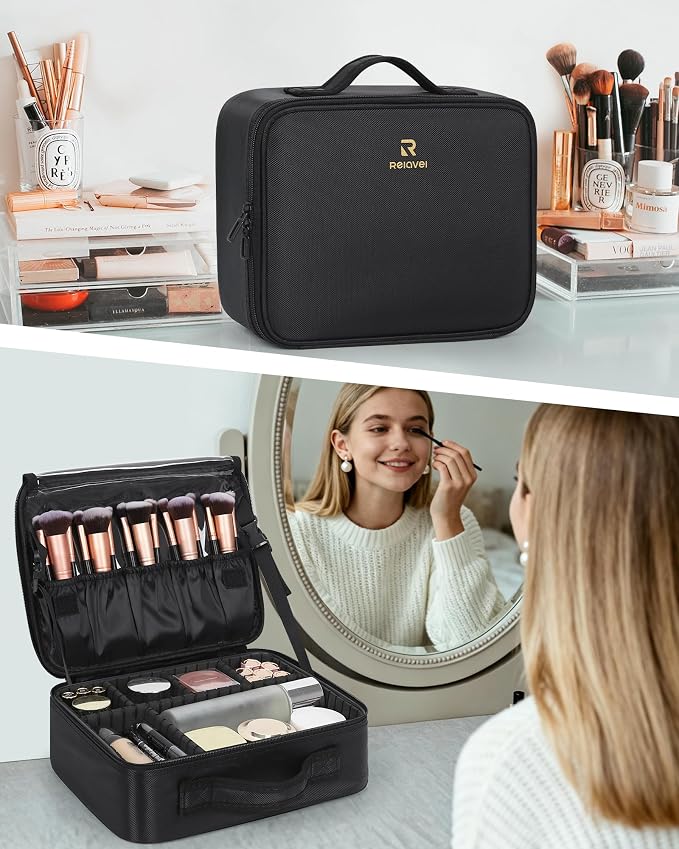 Relavel Makeup Bag Large Cosmetic Bag Travel Train Case Toiletry Bag for Women with Adjustable Dividers, Travel Essentials Organizer Case Storage Box for Skincare, Brushes, Black