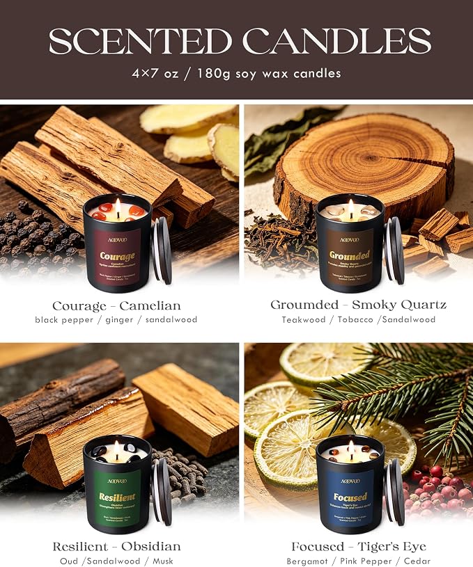 AOOVOO Crystal HEAL Candles Set - 4 Pack Candles for Home Scented, Aromatherapy Candle with Crystals, Resilient Obsidian/Focused Tiger's Eye/Courage Carnelian/Grounded Smoky Quartz