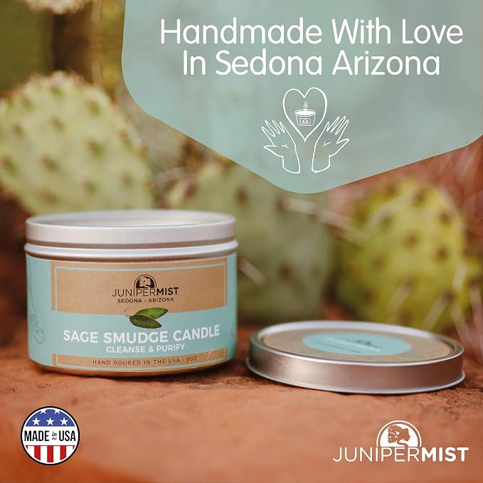 Sage Candle (6 Oz) - for Meditation & Cleansing Negative Energy - Made in USA with Soy Wax, Essential Oils, Real Sage - Smokeless Alternative to Smudge Sticks