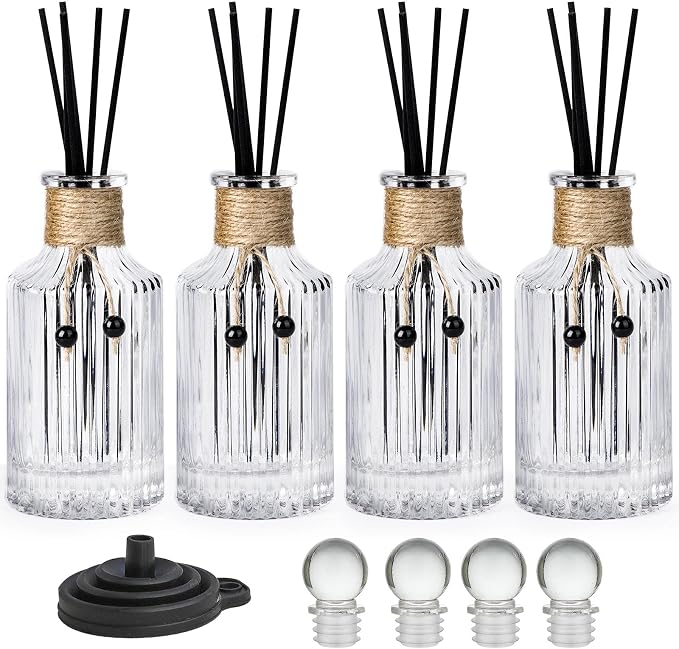 Reed Diffuser Bottle Glass Diffuser Bottles 8oz/250ml Set of 4 Empty Essential Oil Clear Decorative Bottle with Stoppers and Reed Sticks Bulk Reusable Perfume Jar