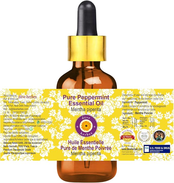 Deve herbes Pure Peppermint Essential Oil (Mentha piperita) Steam Distilled with Glass Dropper 100ml x 2 (6.76 oz)